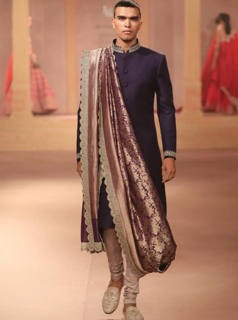 Purple Raw Silk Sherwani Set